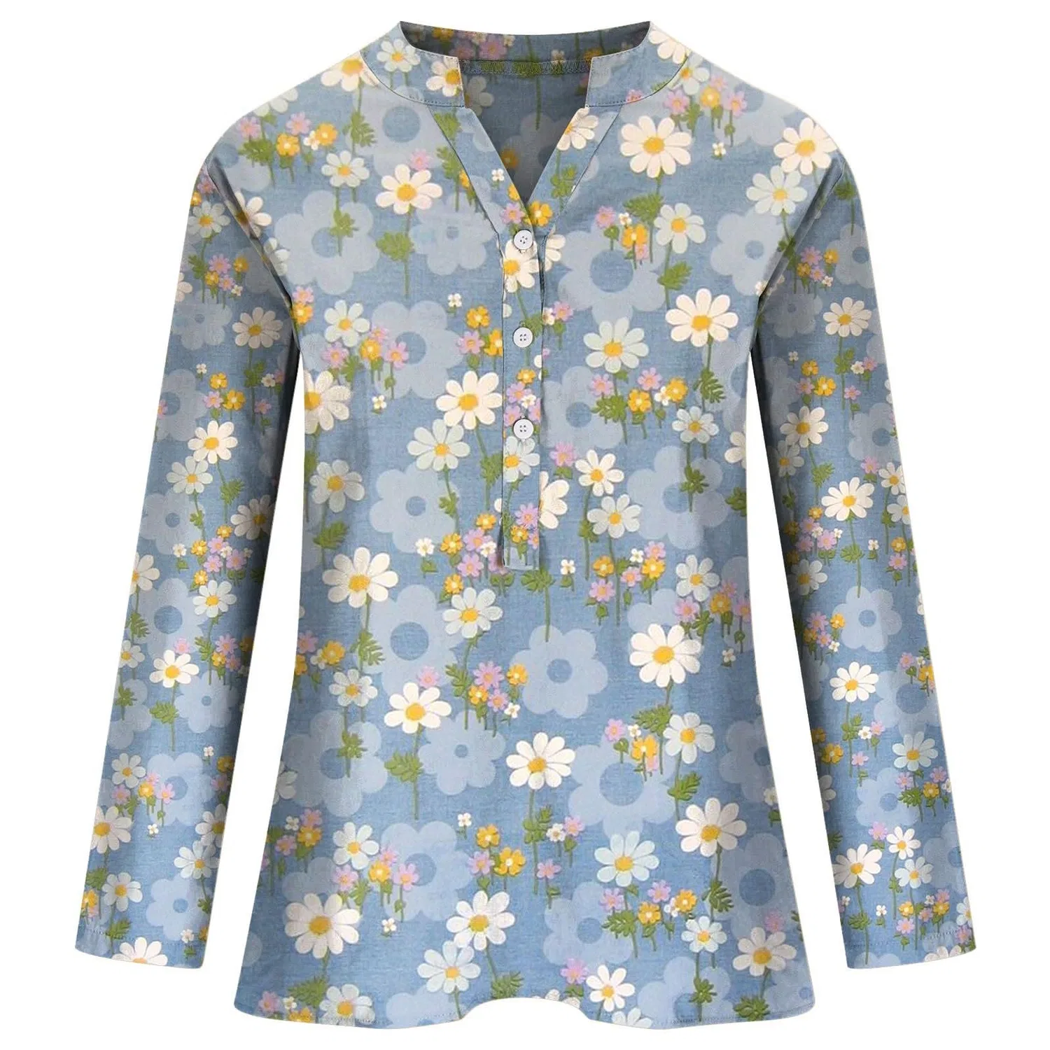 Женская блузка с V-образным вырезом и пуговицами, модель Linen 2026, Blue — фото 4