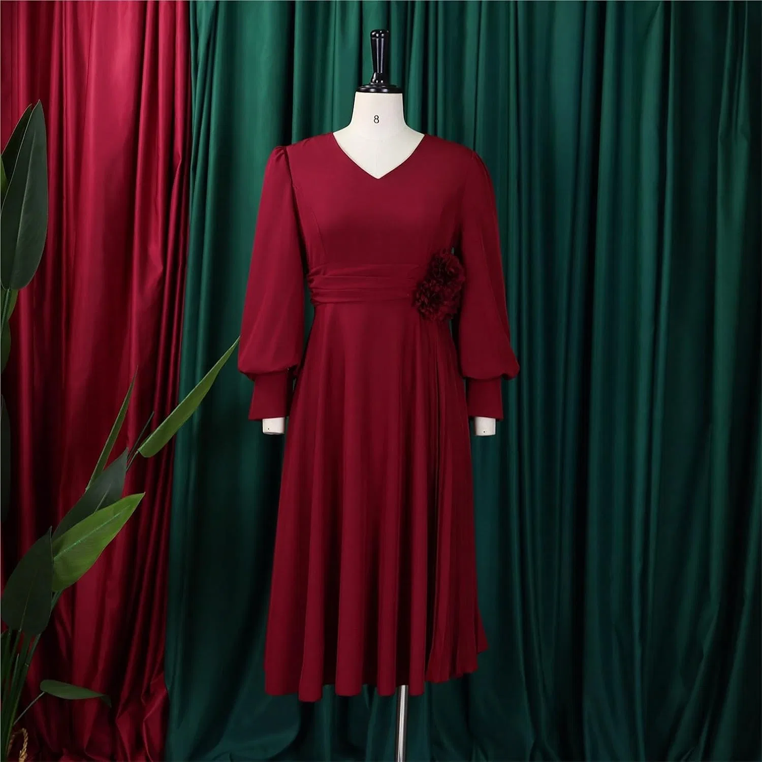 Женское вечернее платье миди V-образным вырезом и поясом, Wine Red — фото 3