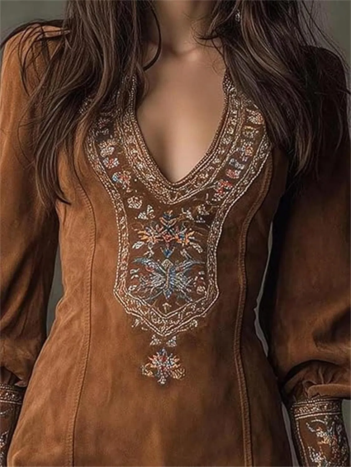 Женское мини-платье с вышивкой Vintage Faux Suede Western, Brown — фото 2