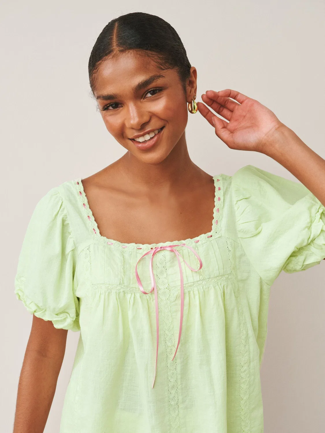 Топ с пышными рукавами Puff Sleeve Short Sleeve Top Next, зеленый/розовый — фото 3