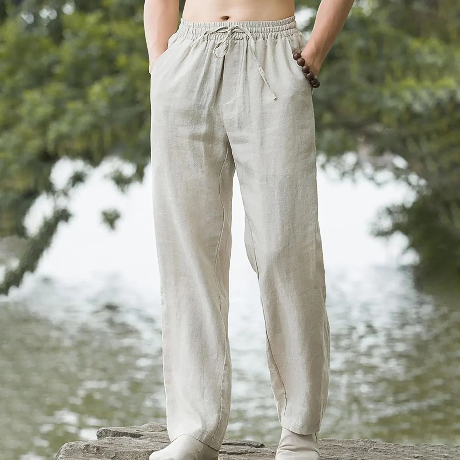 Мужские легкие спортивные брюки с открытым низом, Straight Leg, Lounge Pant with Pocket, бежевый — фото 4