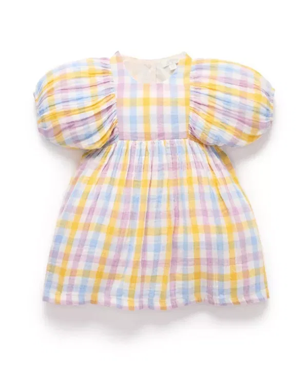 Детское платье для девочек с коротким рукавом Gathered Dress Purebaby, Lila Check