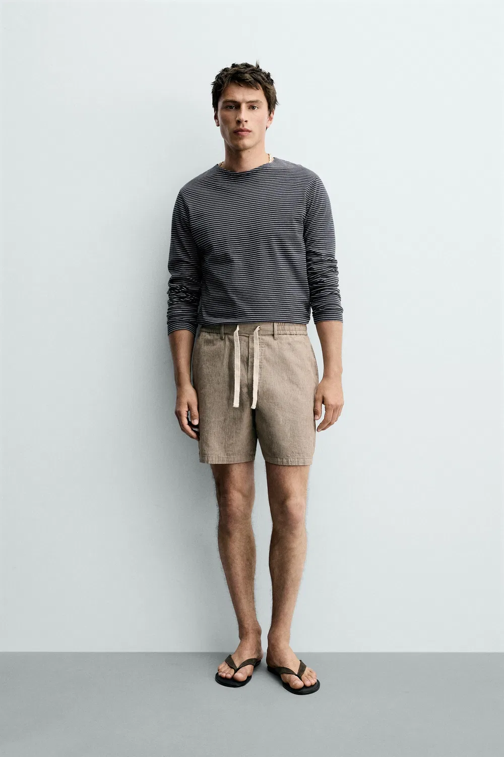 Хлопковые/льняные шорты-бермуды свободного кроя ZARA, Brown Stripes
