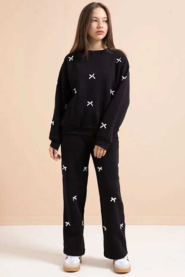 Детский комплект спортивного костюма для девочек с принтом Black Bow Embroidered Crew Neck Girl's Hooded Tracksuit Set Cansın Mini, Black