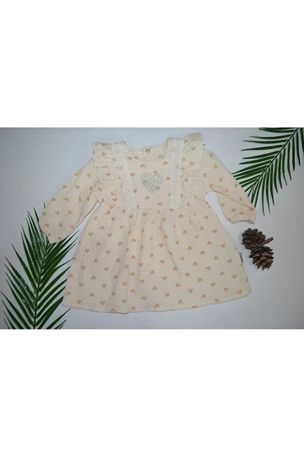 Детское платье для девочек с длинным рукавом Kalp patterned muslin baby girl dress Lil-Va Kids, Beige — фото 3