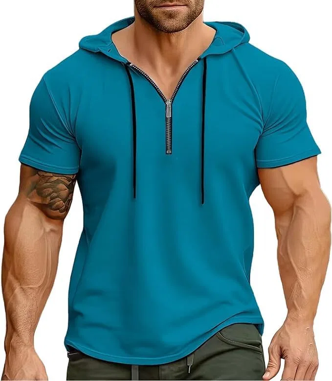 Мужская футболка с четверть-застежкой и капюшоном, Athletic Fit, Mint Blue