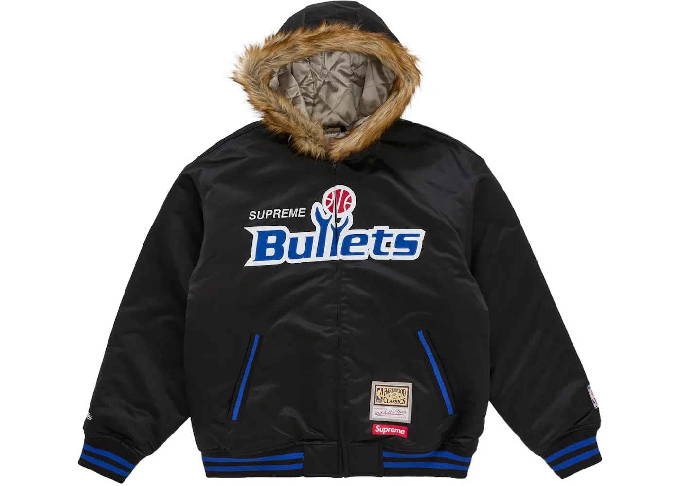 Мужская куртка-бомбер с капюшоном сатиновая Supreme Mitchell & Ness Teams Hooded Satin Varsity Jacket, Black