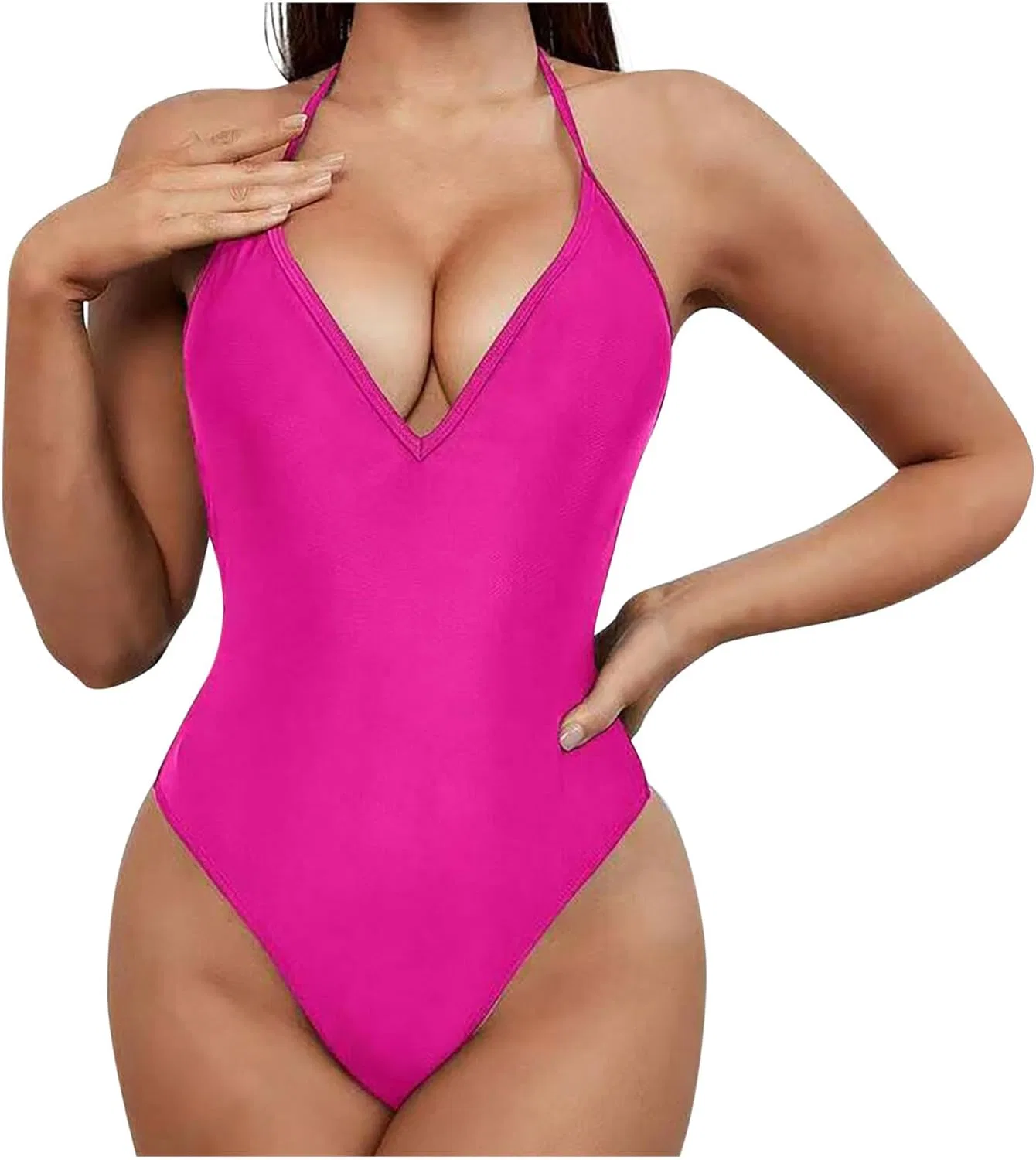Женский слитный купальник с глубоким декольте и открытой спиной, Hot Pink