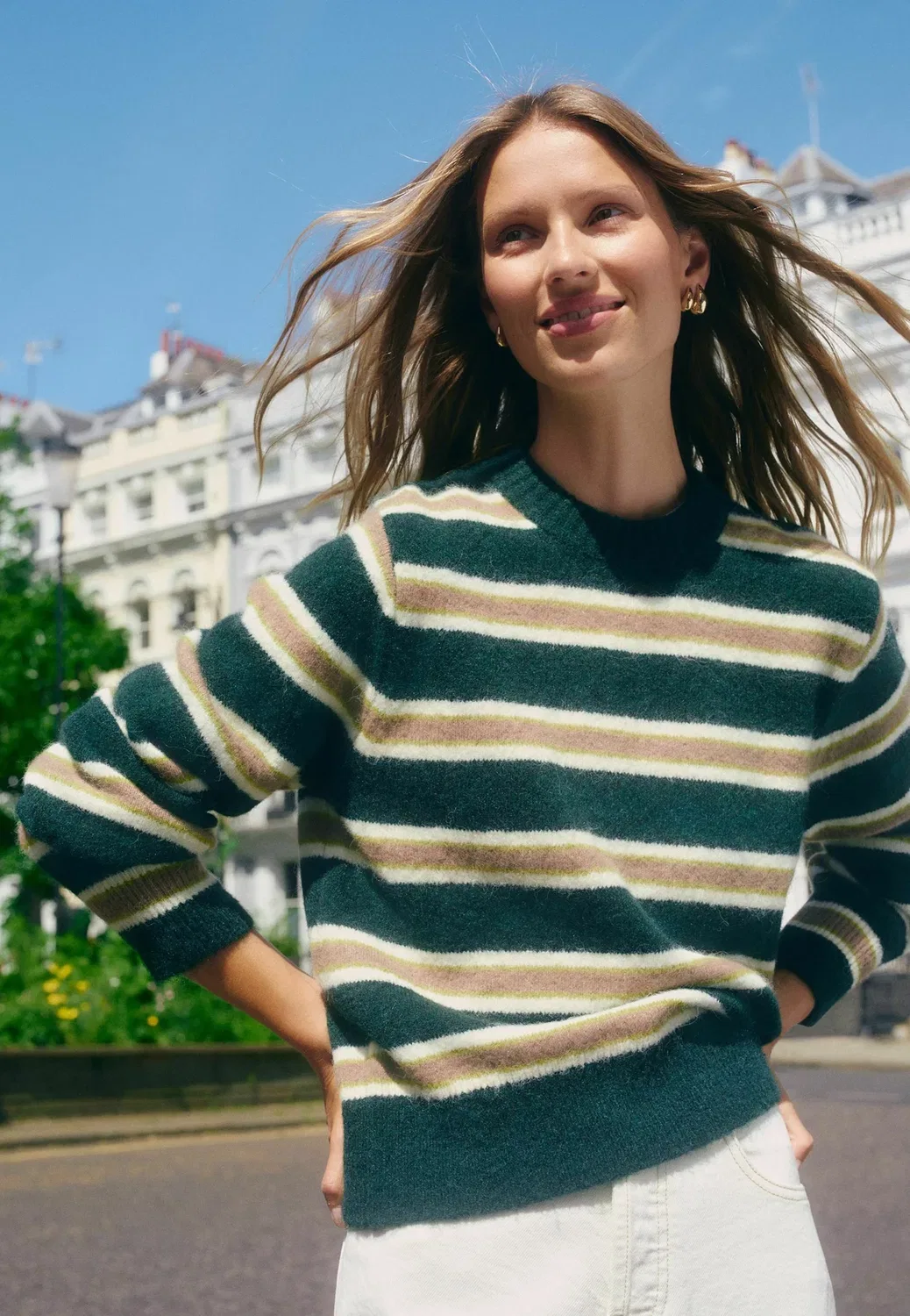 Свитер с длинными рукавами и круглым вырезом, удлиненного кроя Next, Green Camel Stripe