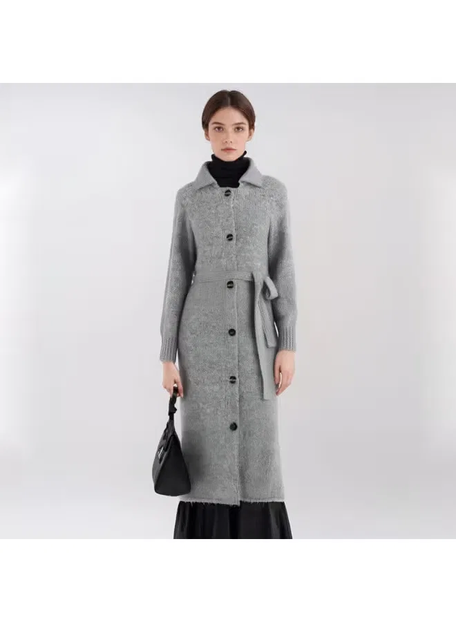 Кардиган вязаный с длинным рукавом и поясом Zara, серый — фото 2