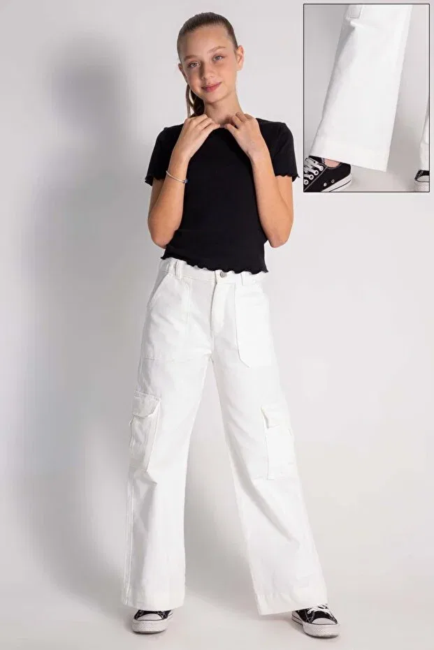 Детские брюки для девочек хлопковые с широкой штаниной Cargo Pocket Dmb Boys & Girls, White — фото 3