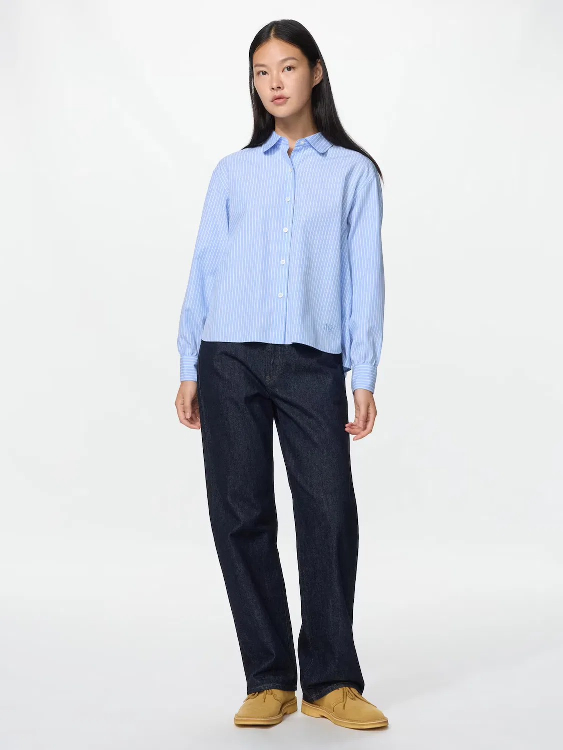 Рубашка Uniqlo, хлопковая, с объемными рукавами в полоску, синий — фото 2
