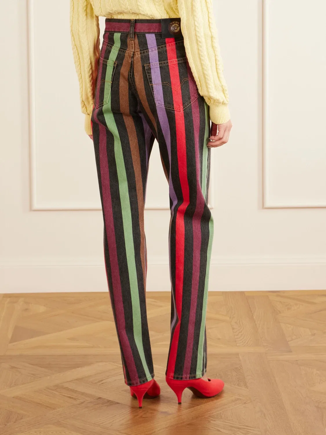 Полосатые хлопковые джинсы прямого кроя со средней посадкой VERSACE, фиолетовый — фото 3