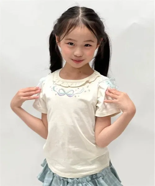 Детская футболка с вышивкой и лентой, модель Ribbon Embroidery T-Shirt, axes femme, White