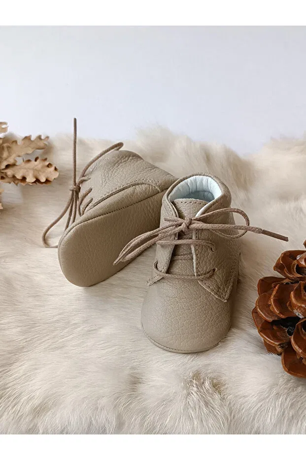 Детские пинетки из натуральной кожи для новорожденных Mink genuine leather baby booties Hodore, Taupe — фото 2