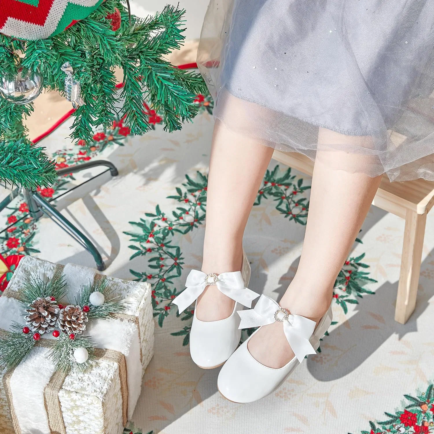 Детские туфли Мэри Джейн для девочек PHIRAMIN, Elegant Bowknot White — фото 3