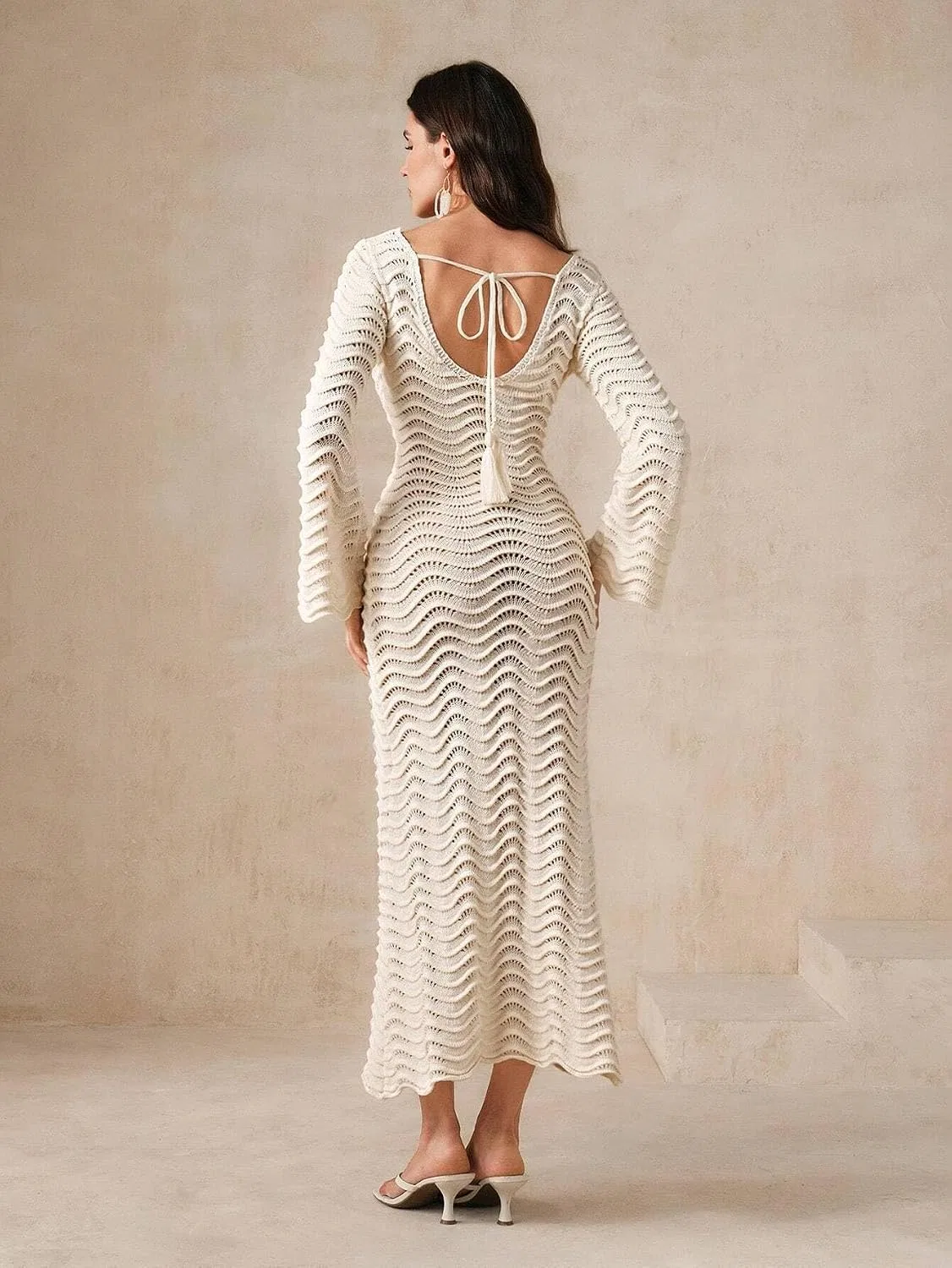 Женский пляжный свитер-туника с вырезами, Knit Hollow Out, Apricot — фото 2