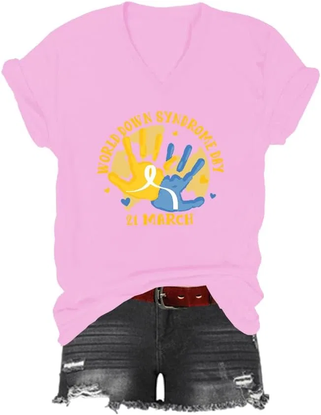 Футболка с принтом World Down Syndrome Day V-Neck, Pink