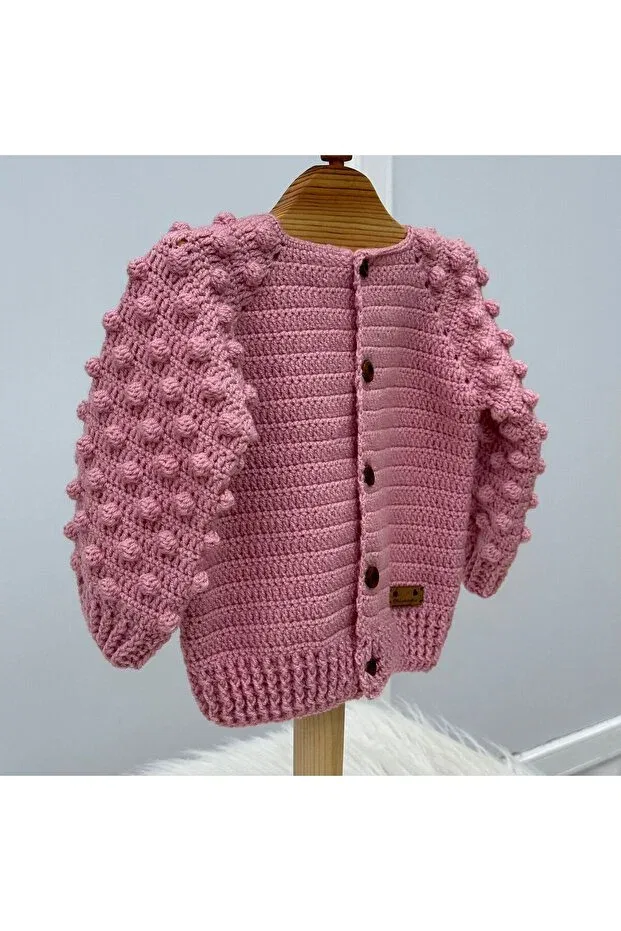 Детский кардиган для девочек вязаный Hand Knitted Crochet Popcorn Model El Örgüsü, Pink