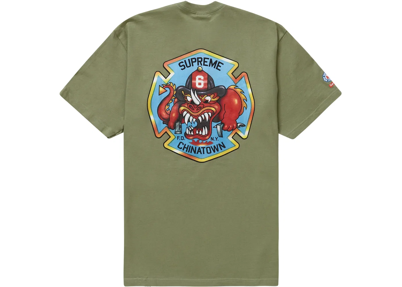 Мужская футболка с принтом Supreme FDNY Engine 9 Tee, Light Olive — фото 2