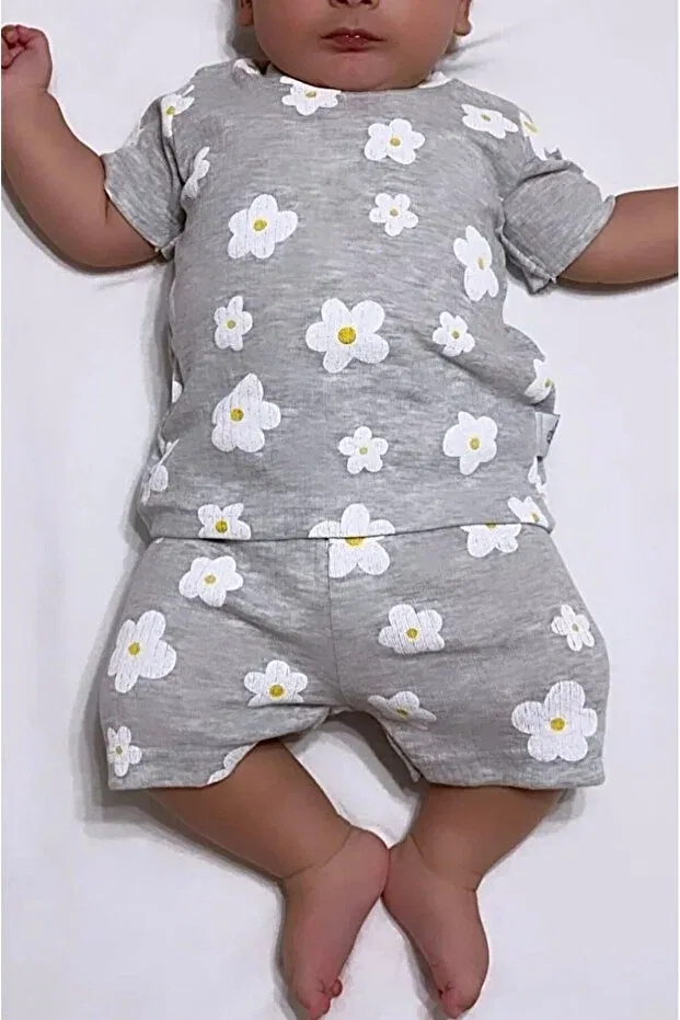 Детский комплект пижам для новорожденных с цветочным принтом Drop Kids, White-Grey