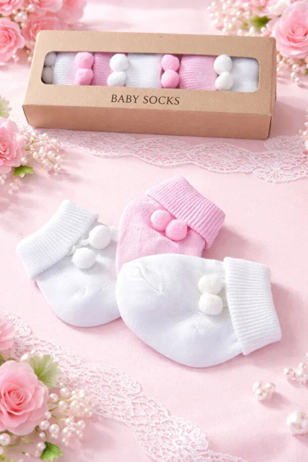 Детские носки для новорожденных с помпонами Basics Baby Socks, Ecru