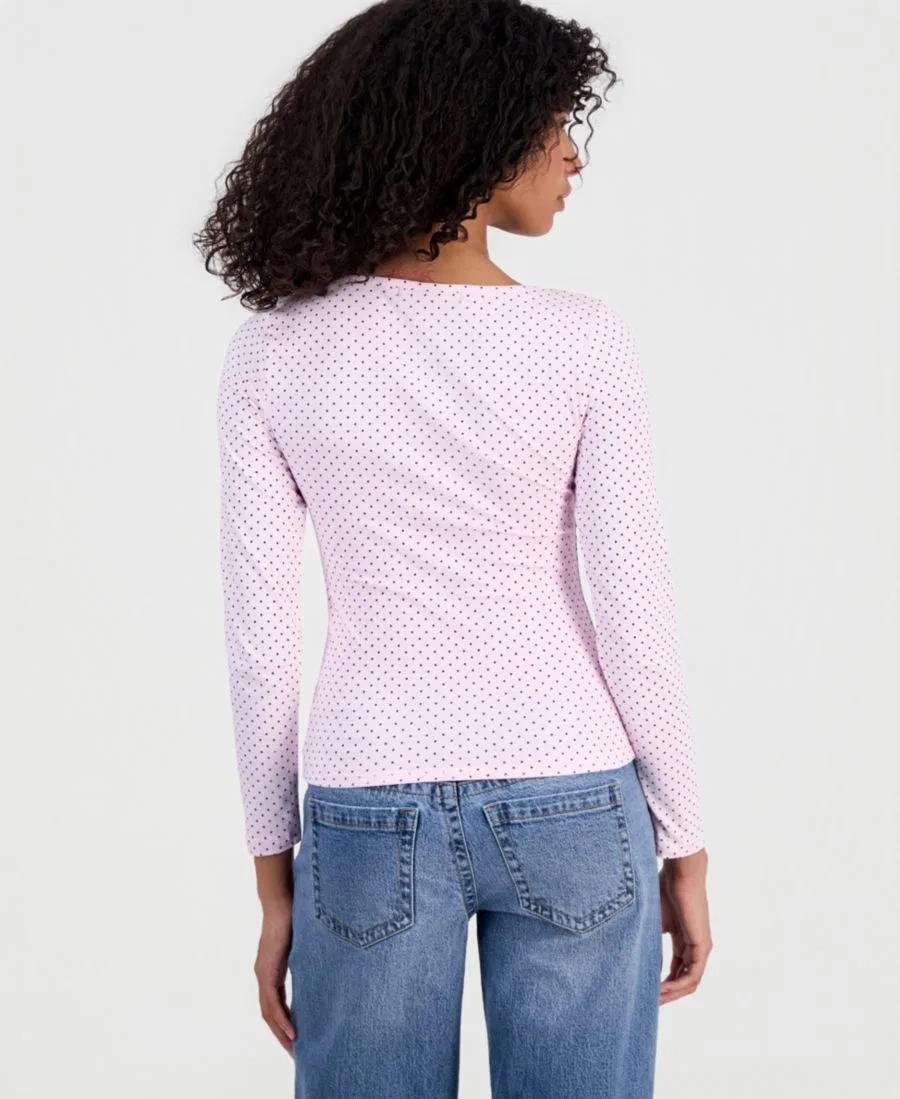 Топ с запахом с длинным рукавом и принтом в горошек Madden Girl, Pink Combo — фото 2