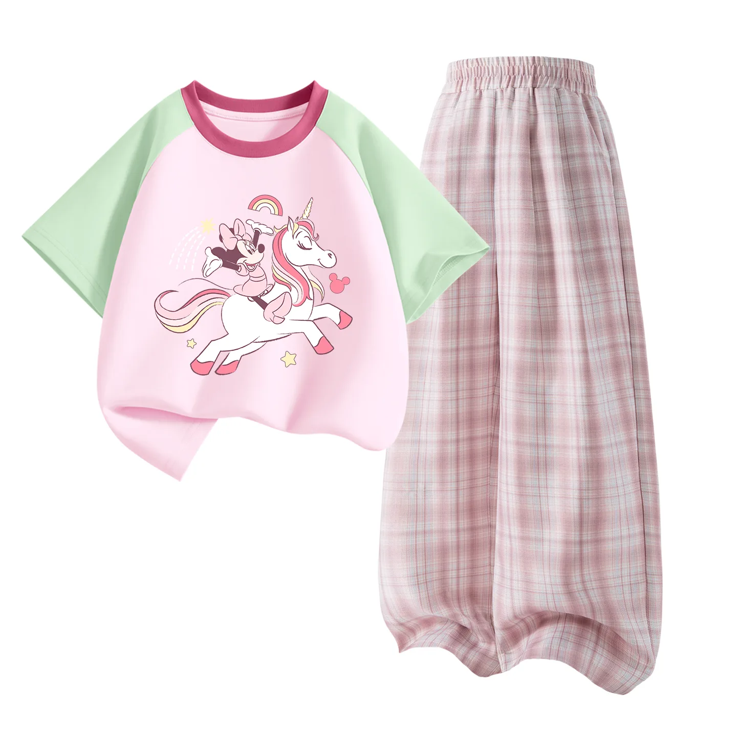 Детская спортивная футболка с круглым вырезом Disney, Deloroni Green Pink+Solid Color Quartz Pink — фото 4