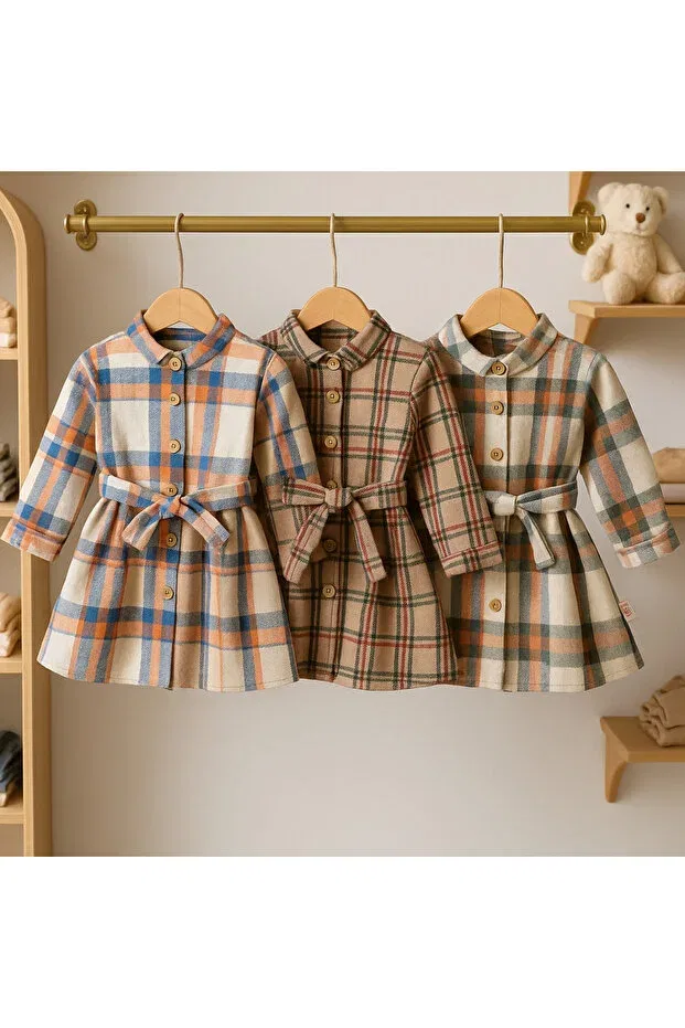 Детский комплект платьев для девочек Plaid Patterned Canmana Kids&Baby, White Coffee Beige