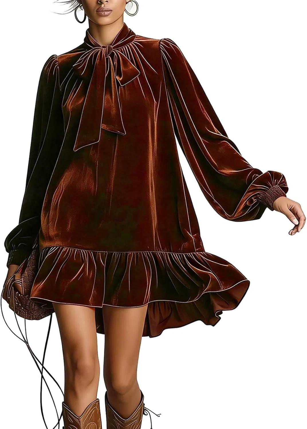 Женское мини-платье из велюра с бантом V-neck, Brown