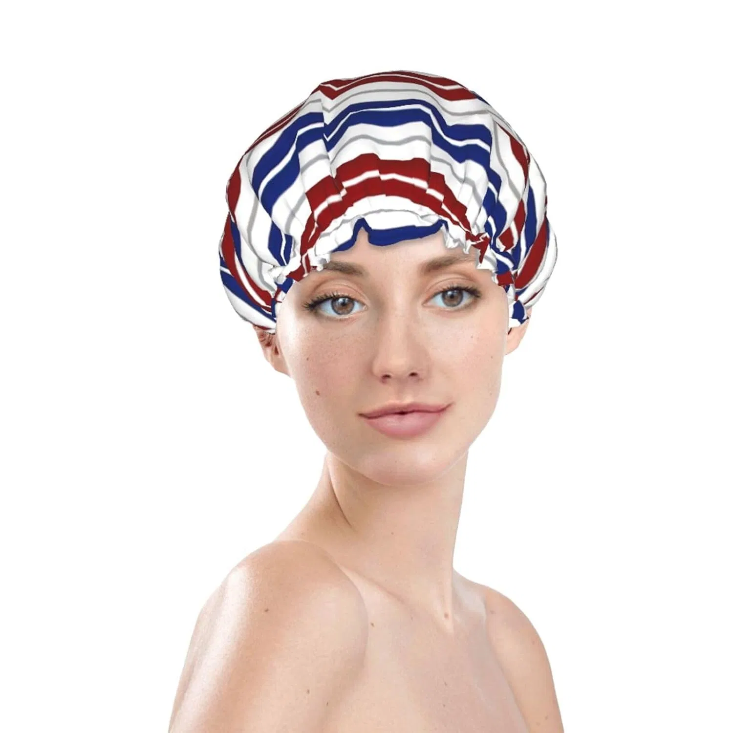Двойная водонепроницаемая шапочка для душа, HLBSDM, Red Blue White Gray Stripes — фото 3