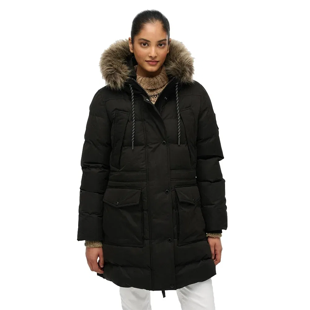 Женская куртка-пуховик с капюшоном и съемным мехом Everest Superdry, Black