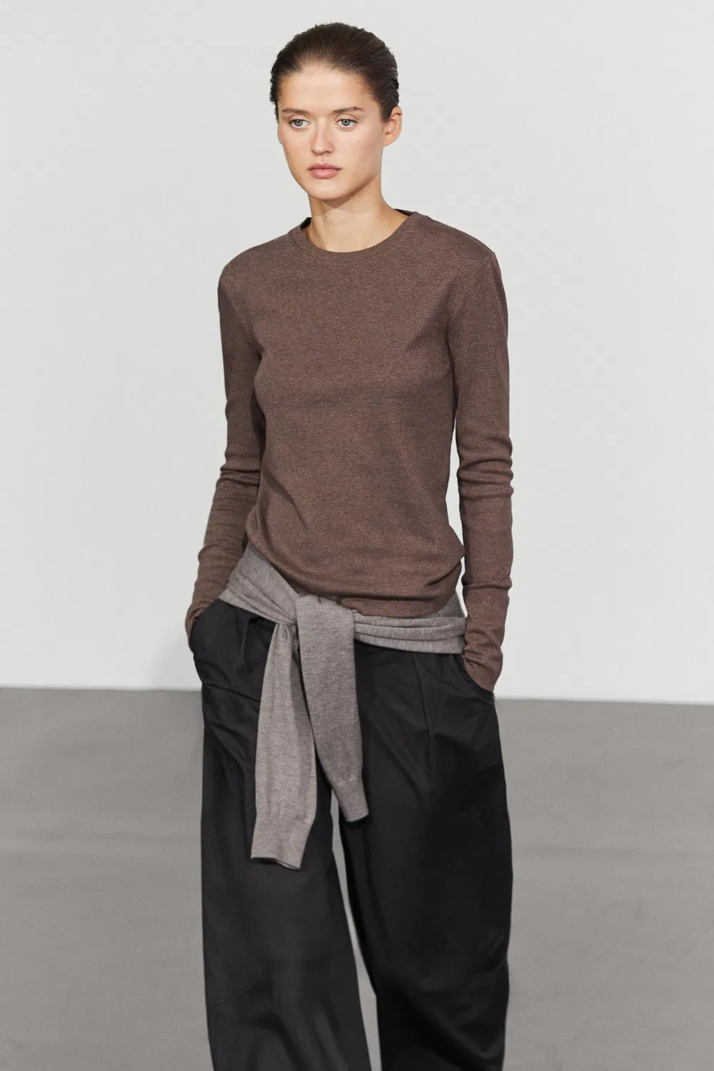 Лонгслив Massimo Dutti 100% Cotton, темно-коричневый
