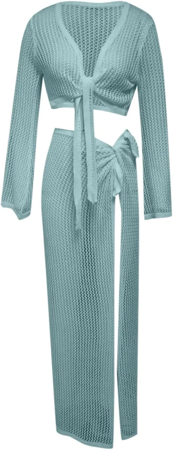 Женский пляжный пэчворк-пончо с ажурным узором Crochet, Light Blue — фото 3