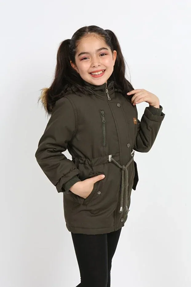 Детское пальто для девочек с капюшоном B&T, Khaki — фото 3