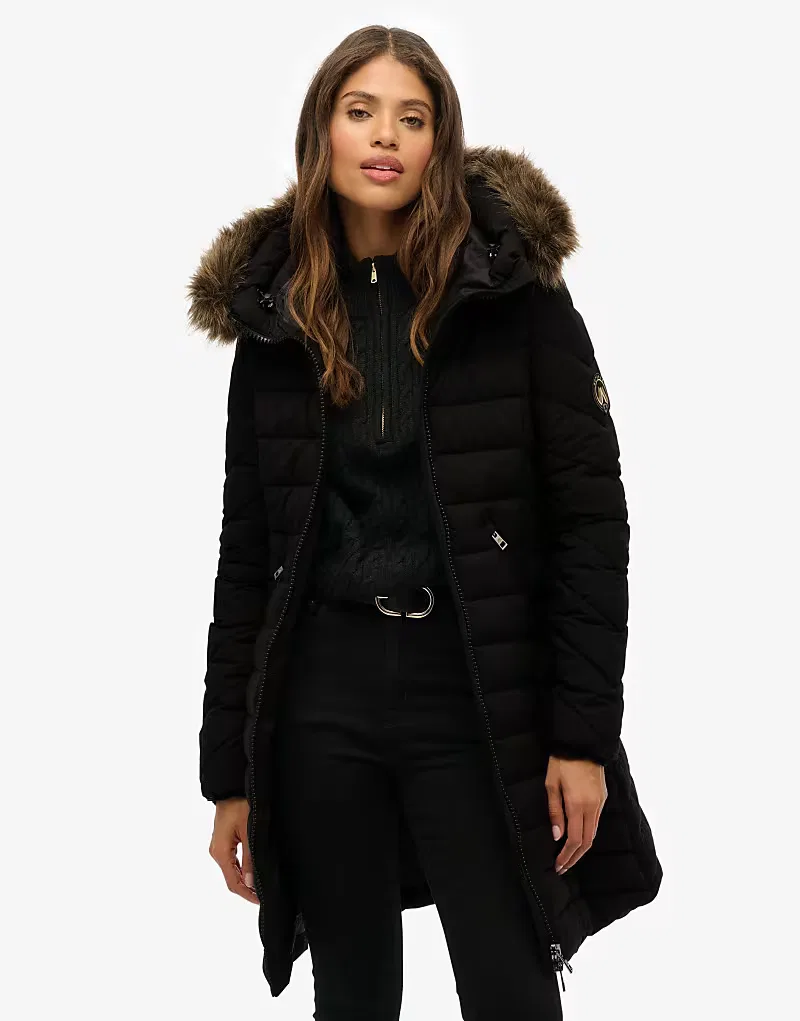 Пальто средней длины Superdry Fuji из искусственного меха с капюшоном, черный