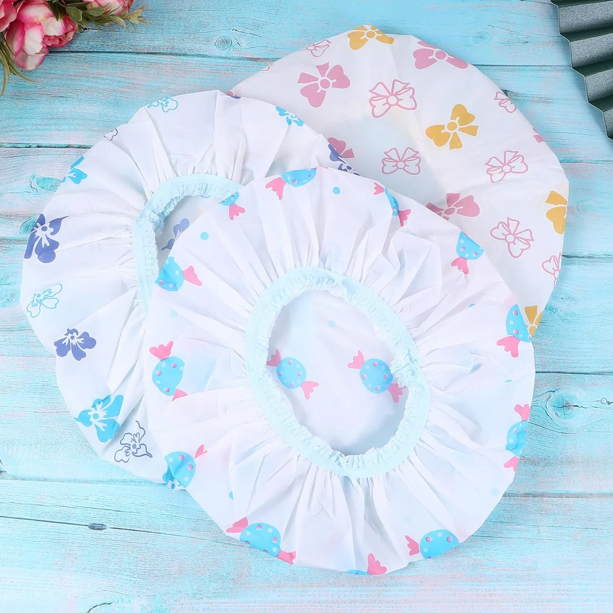 Шапочка для душа PVC с мультяшным дизайном, 12 шт, BIUDECO, 25x25 см, Multi — фото 3