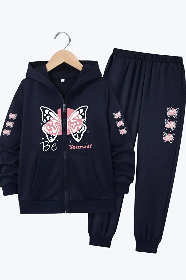 Детский спортивный костюм для девочек с принтом бабочки Zipped Hooded Butterfly Print Detail Girls' Tracksuit Set Panios Kids, Navy Blue