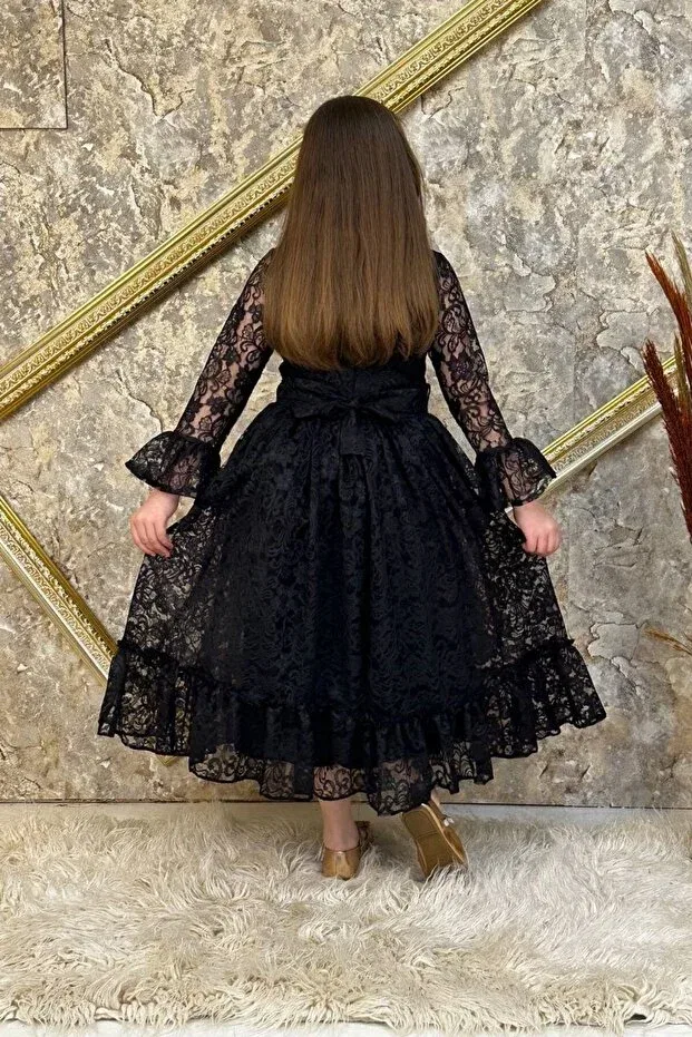 Детское платье для девочек кружевное с вышивкой Abiyekids, Black — фото 3
