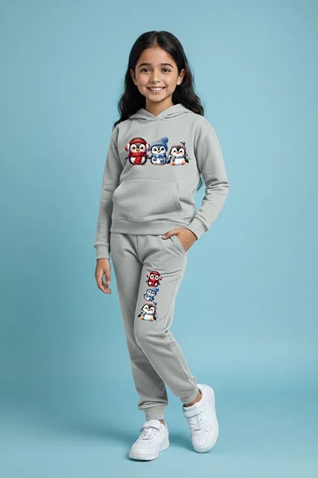 Детский комплект для девочек с принтом Penguin Sporty Style Hooded Tracksuit Set Armicem, Gray