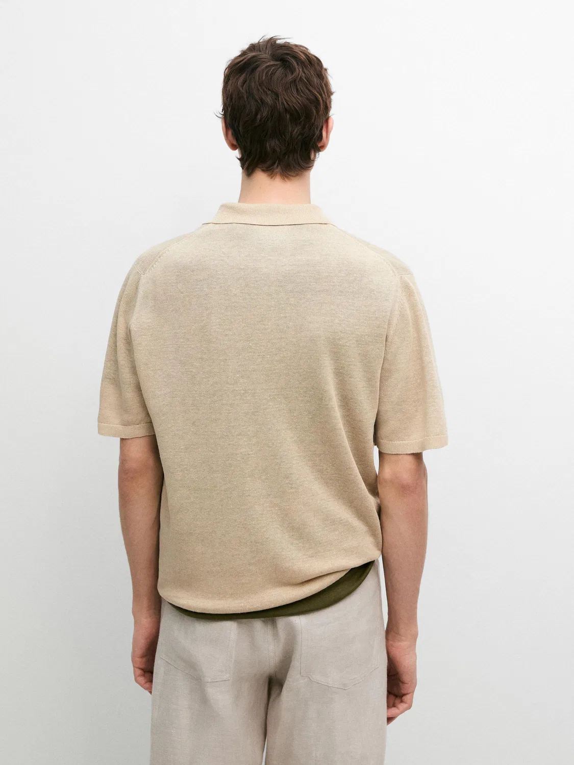 Вязаный льняной свитер-поло Massimo Dutti, бежевый — фото 3