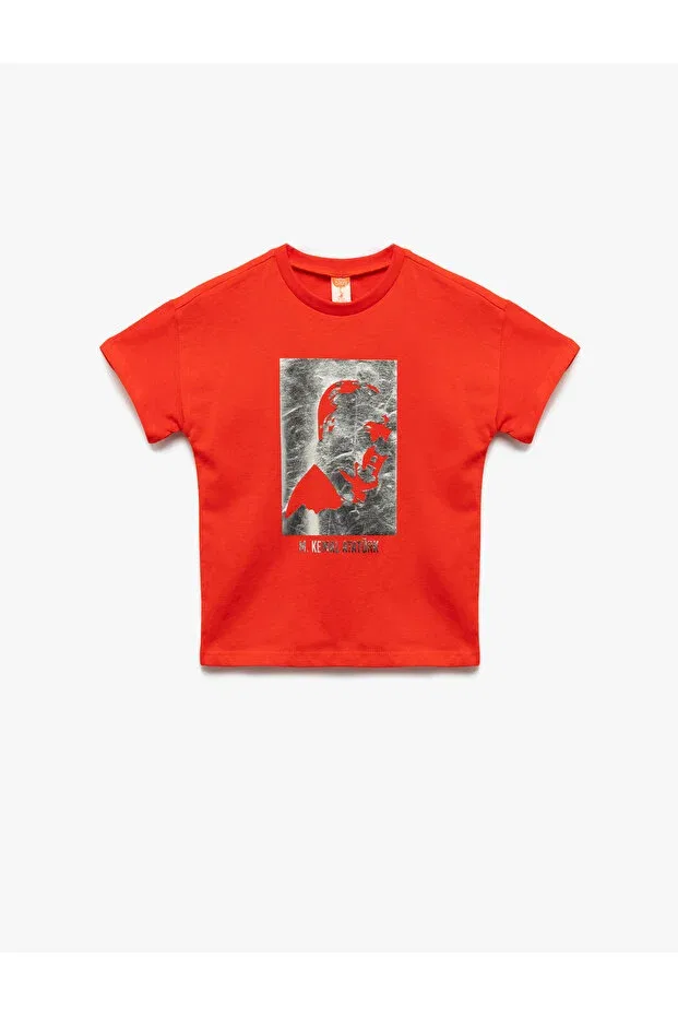 Детское для мальчиков хлопковое футболка с принтом Ataturk printed crew neck short sleeve cotton t-shirt Koton, Red