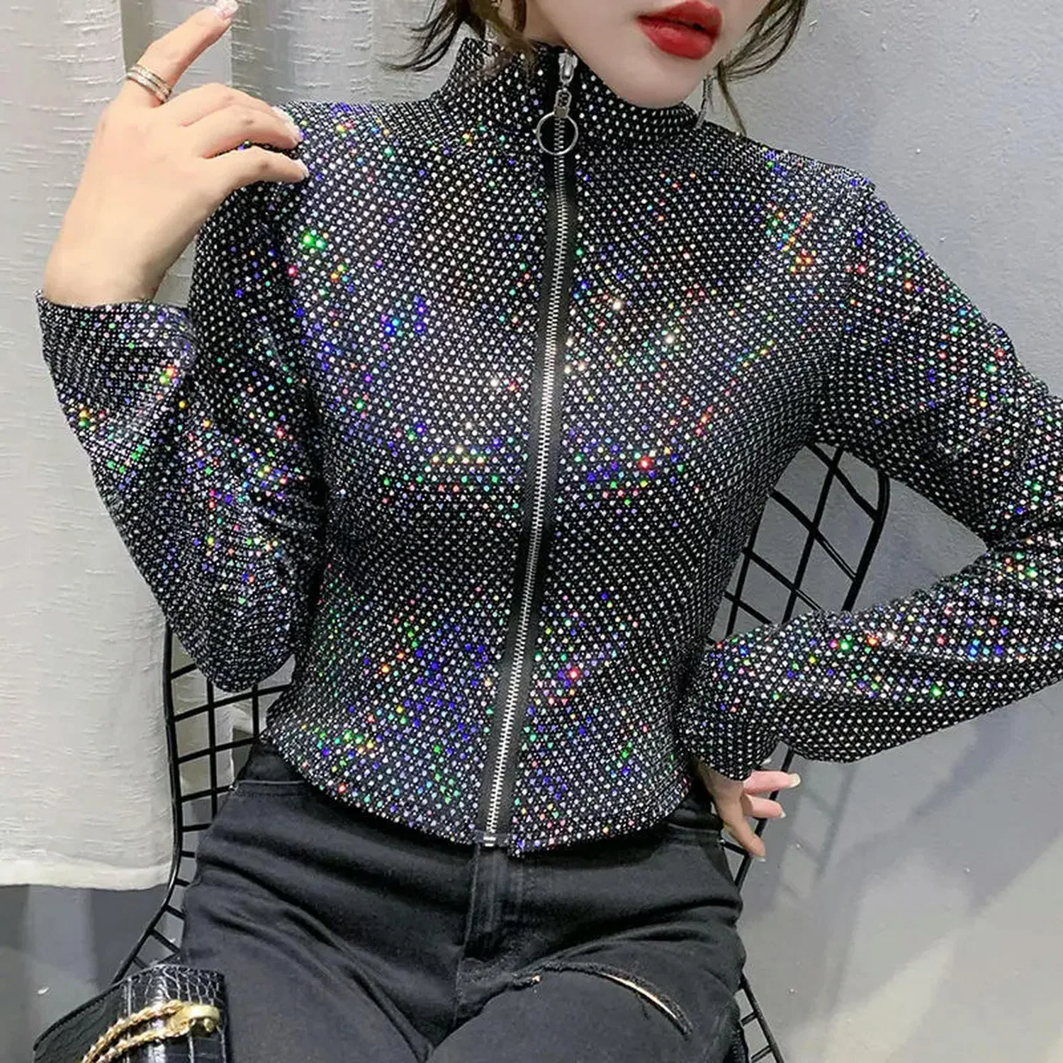 Женская куртка с блестками Glitter Moda Femminile Manica Lunga Design Senso Camicia con Fondo, Verde — фото 3