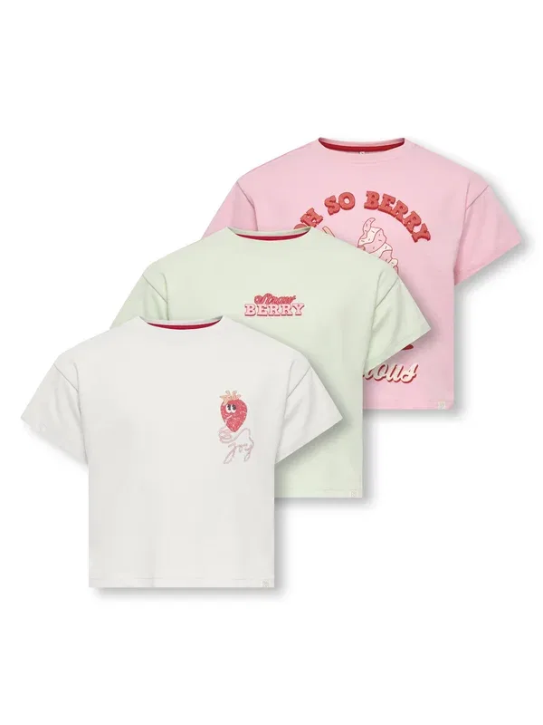 Комплект из 3 футболок Print T-shirt Only Mini, romance rose, Cloud Dancer, Green, зеленый