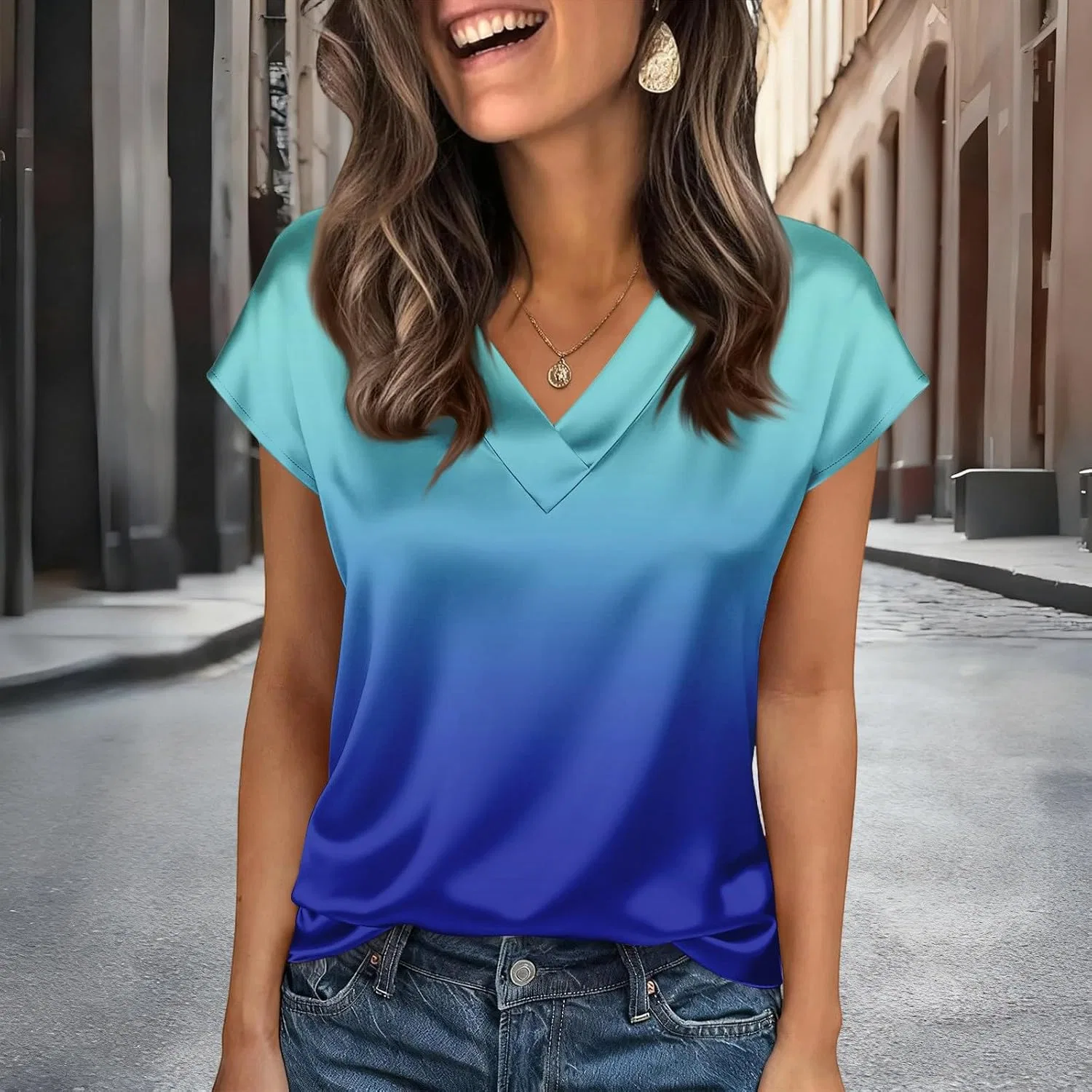 Женская шелковая блуза с V-образным вырезом, Cap Sleeve, Dark Blue — фото 2