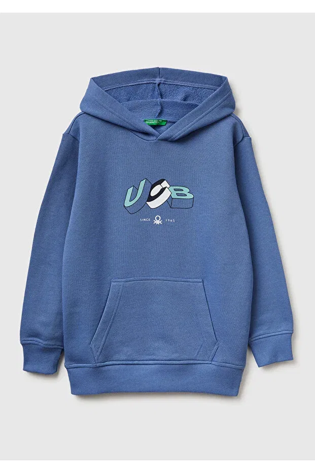 Детское худи для мальчиков с принтом Aviator Blue Front Logo Printed Kangaroo Pocket United Colors Of Benetton, Aviator Blue