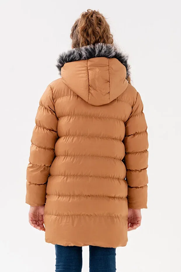 Детское пальто для девочек с капюшоном Basics Vodens, Camel — фото 3