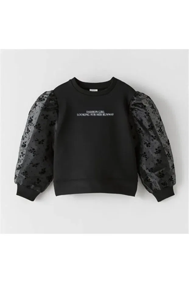 Детские свитшот для девочек с кружевными рукавами Pink Hippo Kids, Black
