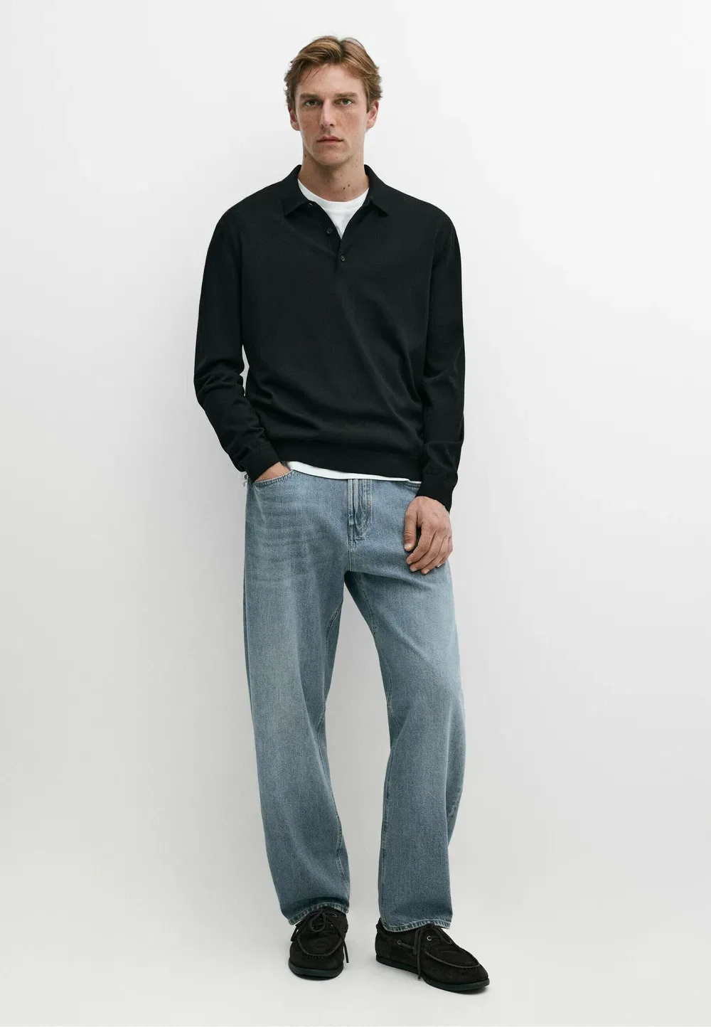Вязаный поло-свитер из 100% мериносовой шерсти - рубашка поло Massimo Dutti, Black — фото 2