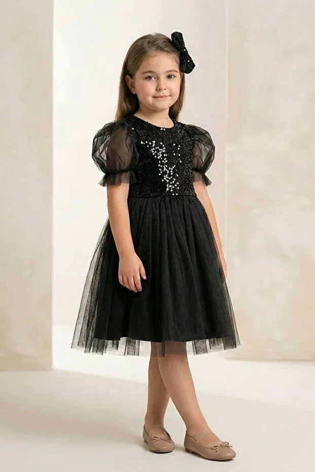 Детское платье для девочек с принтом Balloon sleeve sequin sequin girl's tutu dress m00751 Mnk Baby&Kids, Black — фото 2